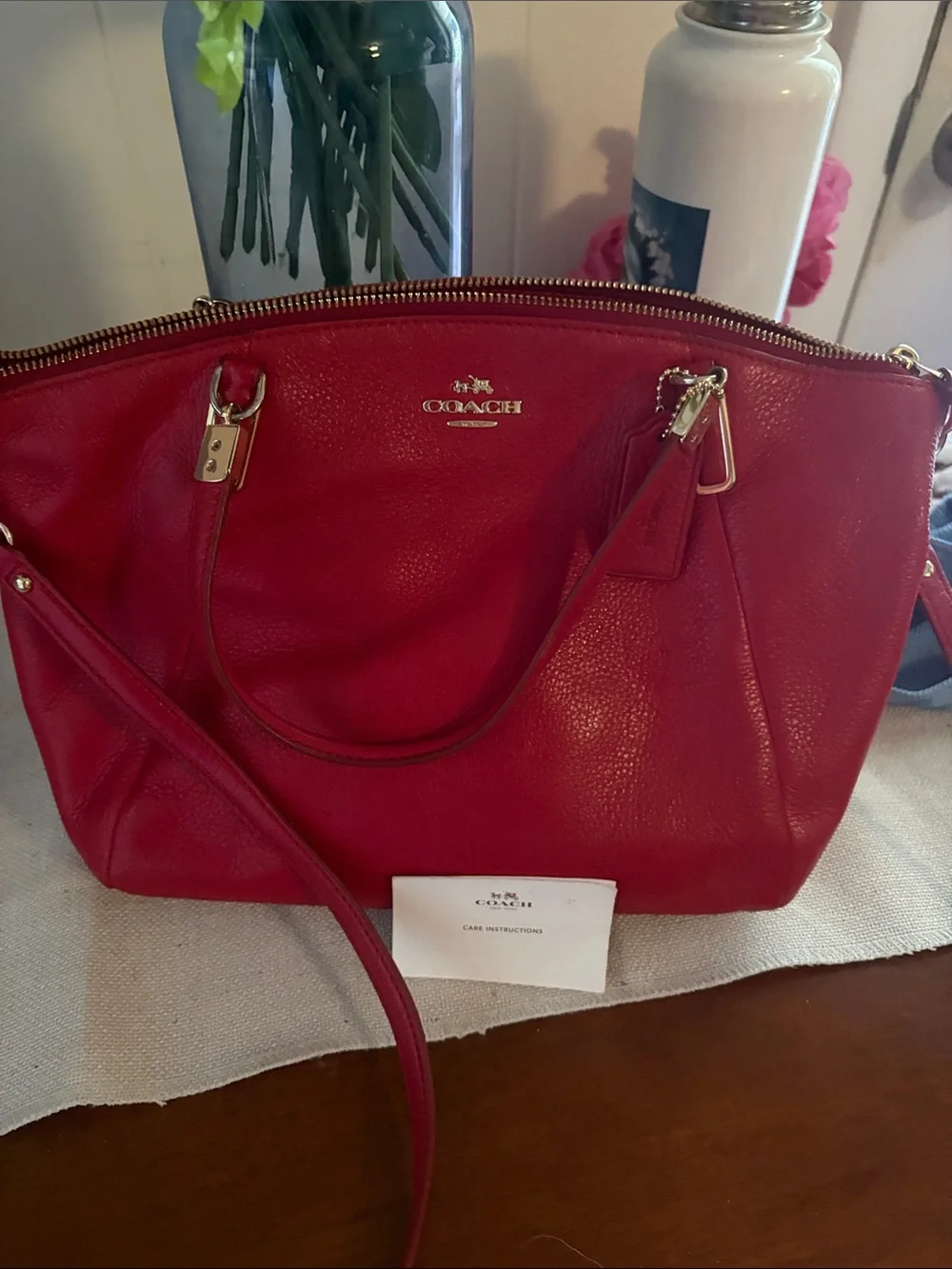 Coach Red Pebbled Leather Tote with Gold-Tone Hardware